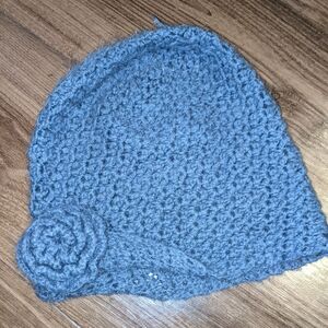 Covington - Crochet Knit Beanie Hat with Flower Applique Hat | Gray Indigo